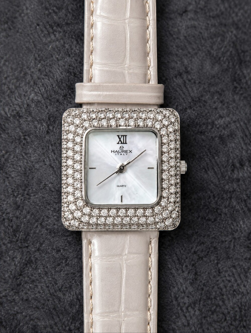 Haurex Italy Crystal Pavé Mother of Pearl Square Watch White Leather Y2K Glam CC